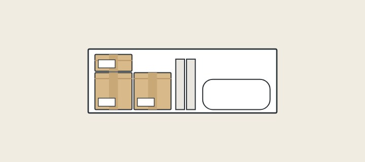 Illustration of a container seen from the side loaded with cartons, upright tops and a bathtub