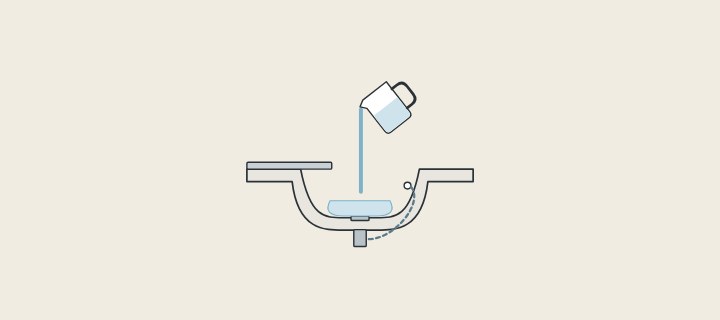 Illustration of a one-piece basin top in section with water poured into the bowl and a straightedge on the deck