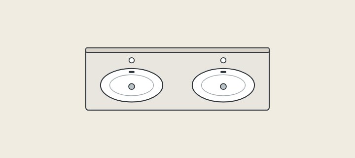 Illustration of a long vanity top with two bowls seen from above