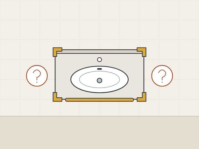 Illustration of a vanity top with corner protectors between two question marks