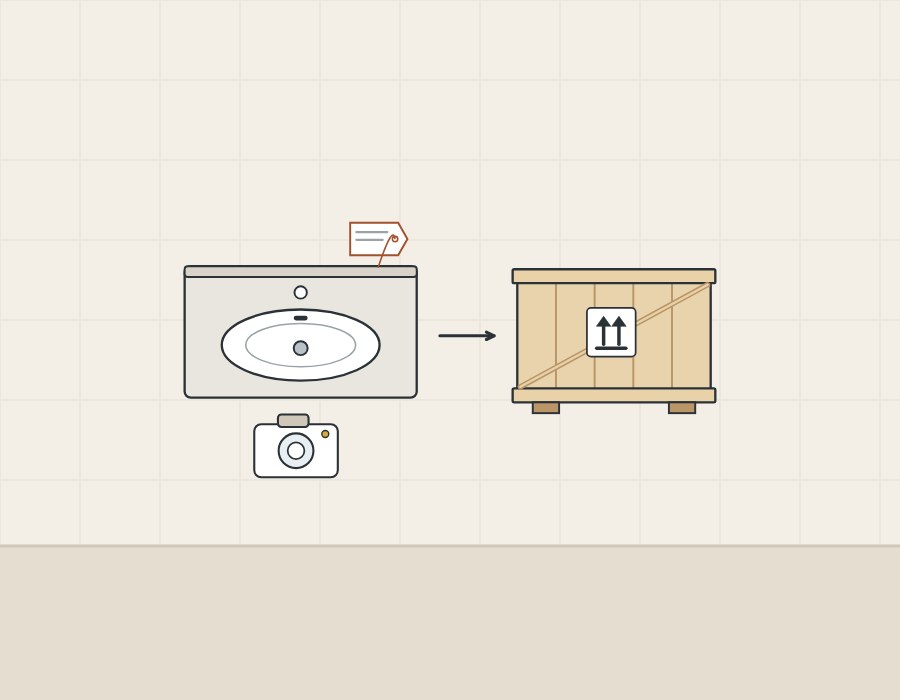 Illustration of a tagged vanity top and a camera beside a closed slatted crate with an upward-arrows mark