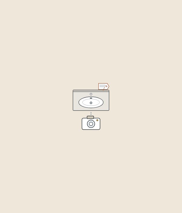 Illustration of a vanity top seen from above with an identification tag and a camera below it