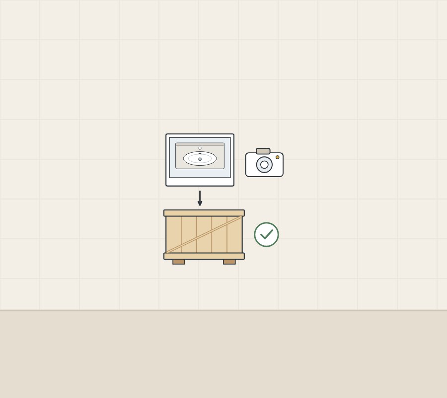 Illustration of a camera and a photograph of a top, an arrow down to a crate and a tick