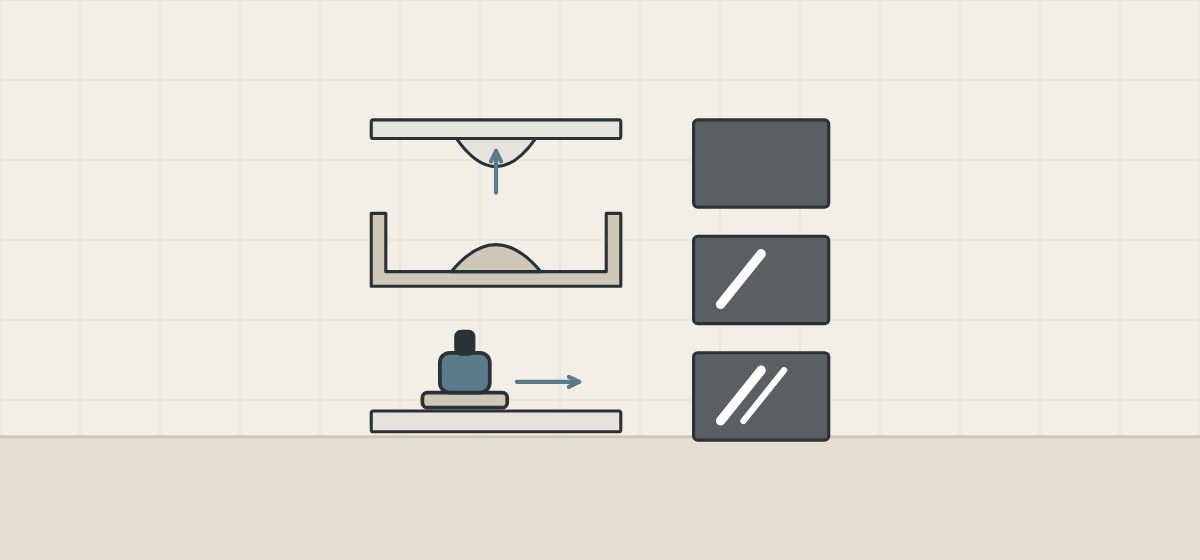 Illustration of a cast top lifted from a mold, a sander on a top, and three surface samples at three gloss levels