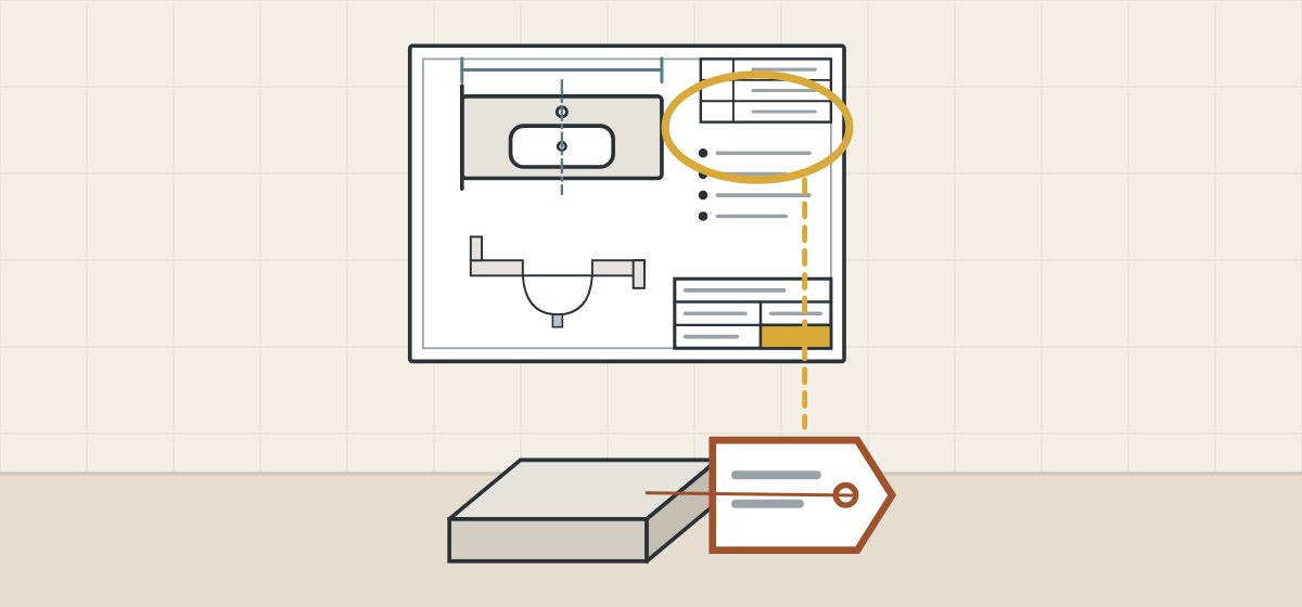 Illustration of a drawing sheet with its revision table circled, linked to a label tag tied to a corner sample