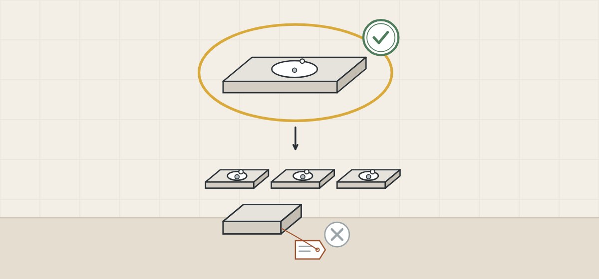 Illustration of the first production vanity top circled and stamped, three later tops following it, and the early sample set aside below