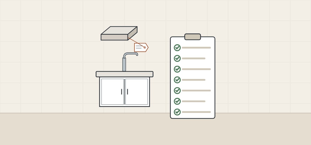 Illustration of a vanity top fitted on a cabinet with a labeled sample above it, beside a clipboard with seven ticks