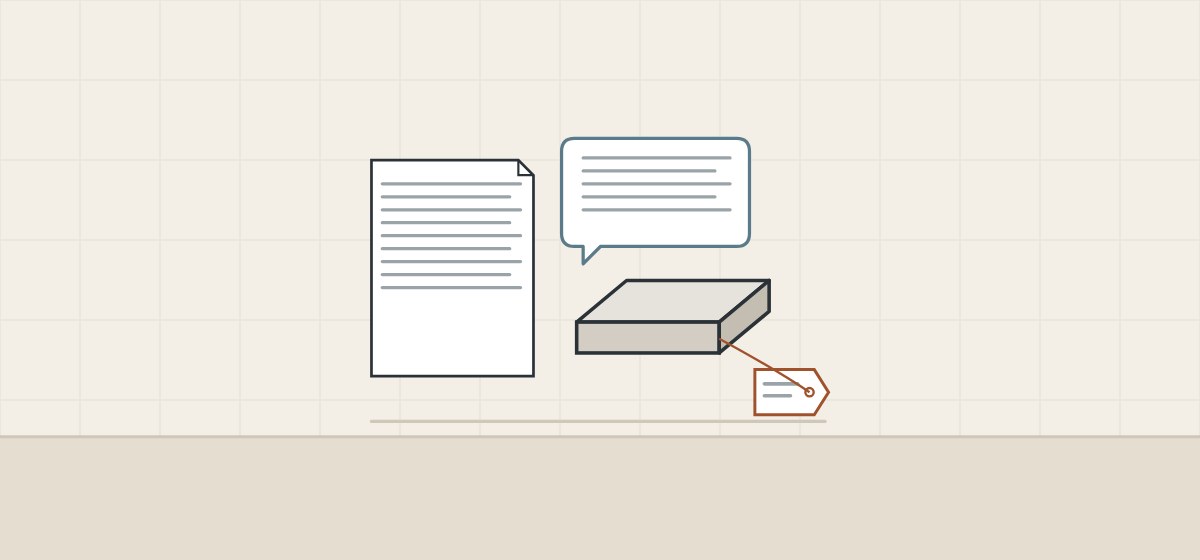Illustration of a document, a message bubble and a labeled sample of a vanity top