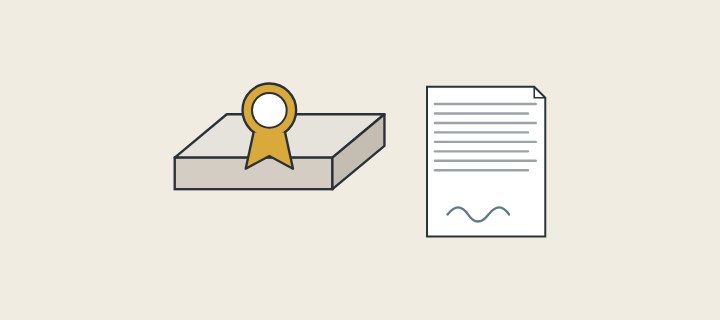 Illustration: a corner sample carrying a seal with ribbons, beside a signed document