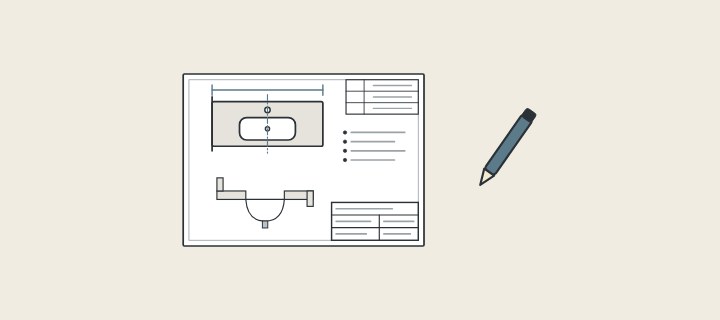 Illustration: a drawing sheet with a plan and section of a vanity top and a title block, with a pen