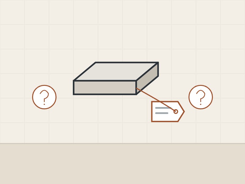 Illustration of a labeled vanity top sample between two question marks