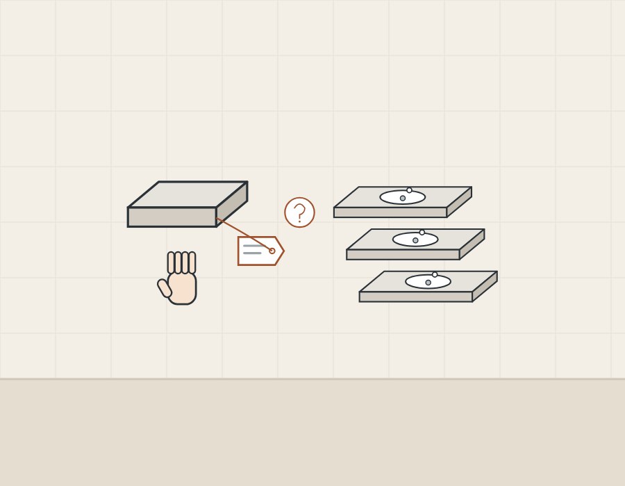 Illustration of one labeled sample with a hand beside it and a row of three identical production vanity tops