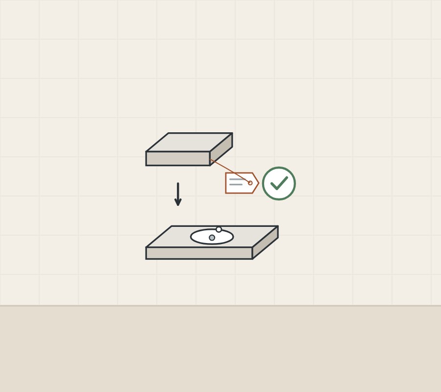 Illustration of a labeled sample above a full vanity top, with a tick