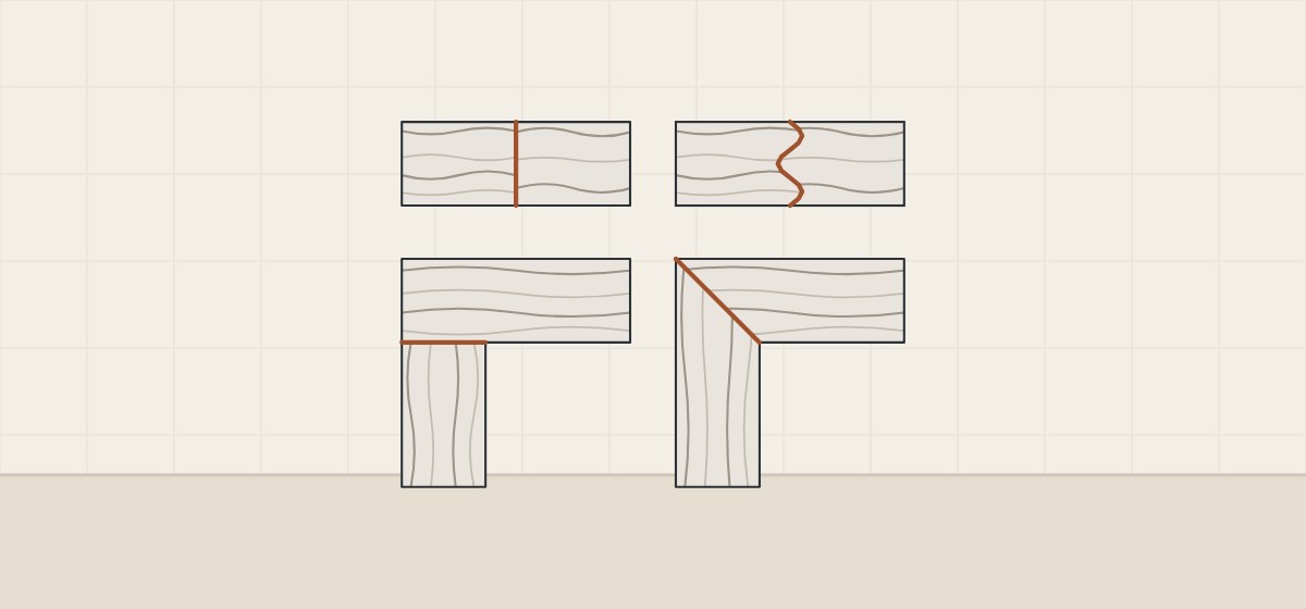 Illustration of four veined top plans: a straight seam, a serpentine seam, an L shape with a butt seam and an L shape with a mitered corner