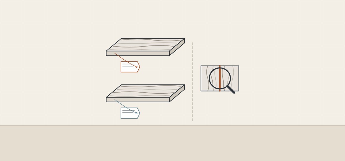 Illustration of two tagged veined sheets with different patterns beside a trial seam under a magnifier