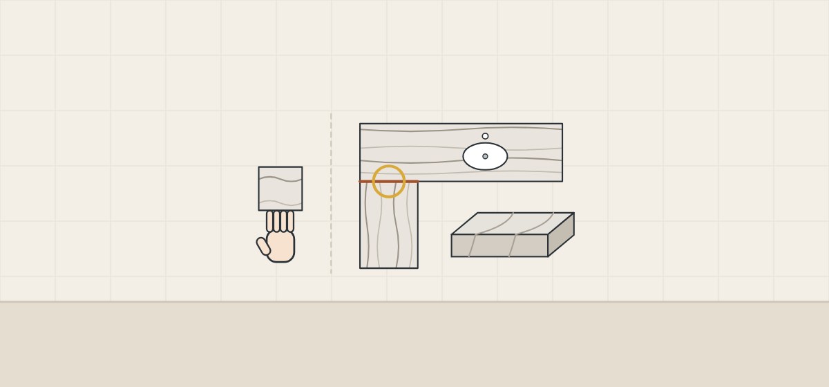 Illustration of a small sample chip above a hand, beside an L-shaped veined top with a circled seam and a corner showing its front edge