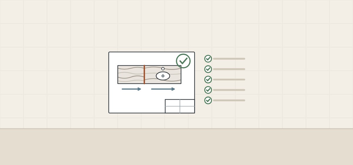 Illustration of a layout drawing of a veined top with a marked seam and direction arrows, an approval mark and a ticked checklist