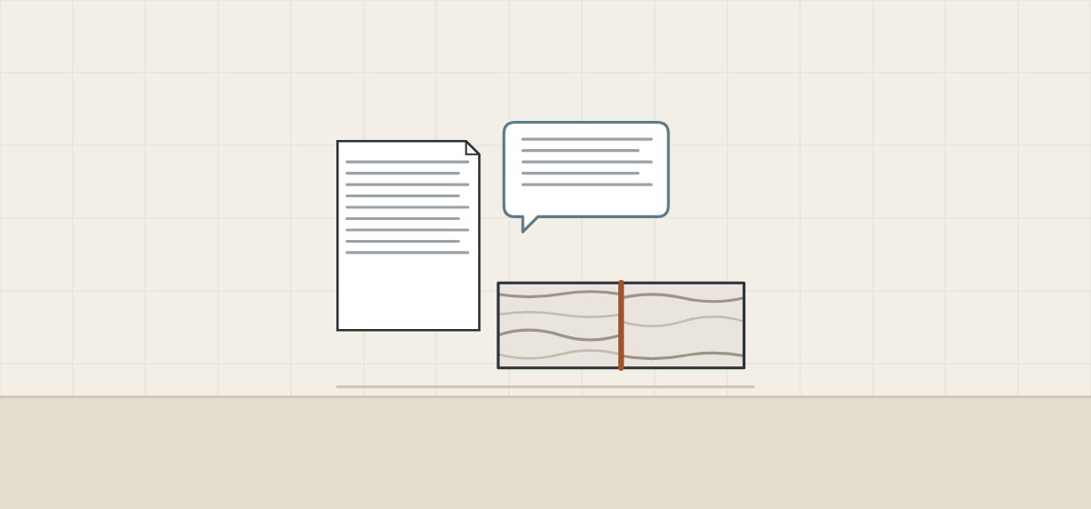 Illustration of a document, a message bubble and a veined top in plan made of two pieces