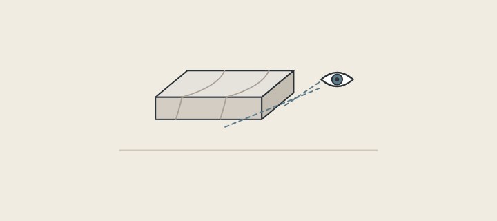 Illustration: a corner sample of a vanity top with an eye looking at its front edge and finished end