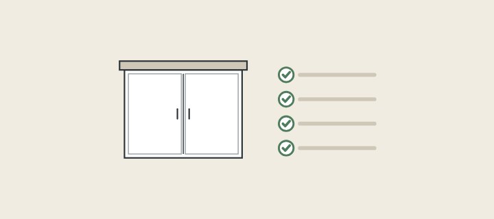 Illustration: a vanity cabinet with a top beside a checklist of four ticked lines