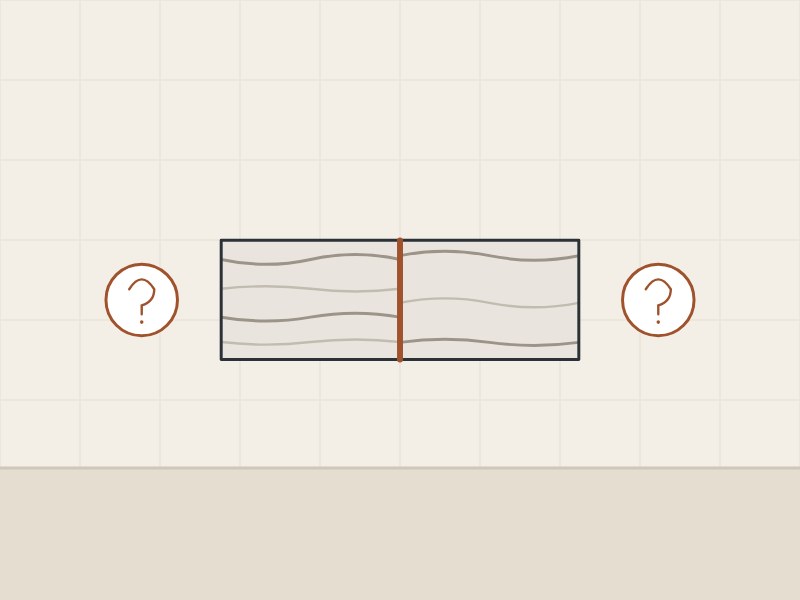 Illustration of a veined top in plan with a seam between two question marks