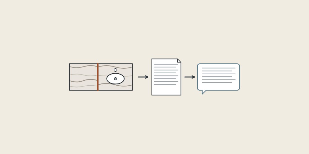Illustration of a veined top in plan, a document and a message bubble linked by arrows
