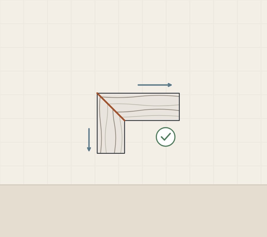 Illustration of an L-shaped veined top with a mitered corner seam, direction arrows and a tick