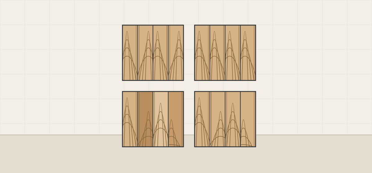 Illustration of four faces: mirrored joints, a repeating figure, mixed color and figure, and one color with unmatched figure