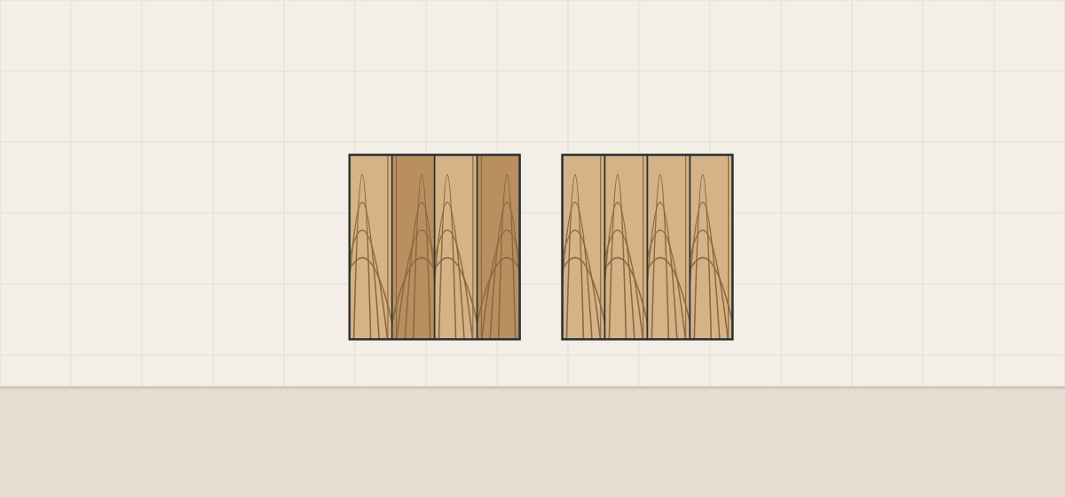 Illustration of a book-matched face with alternating light and dark leaves beside a slip-matched face of even tone