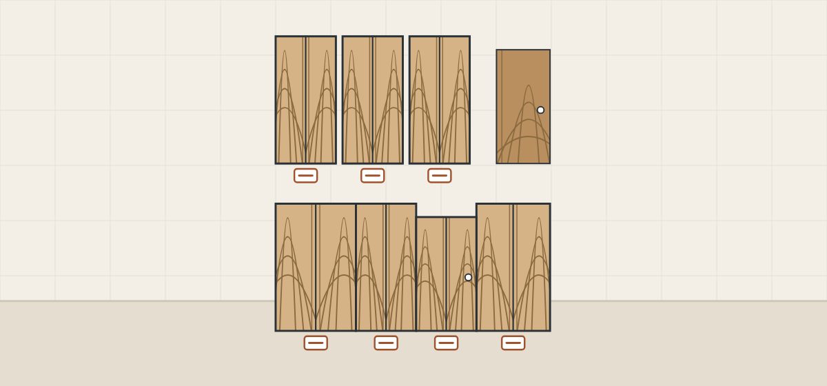 Illustration of three equal tagged panels beside a door of different veneer, above tagged panels and a door that continue one figure