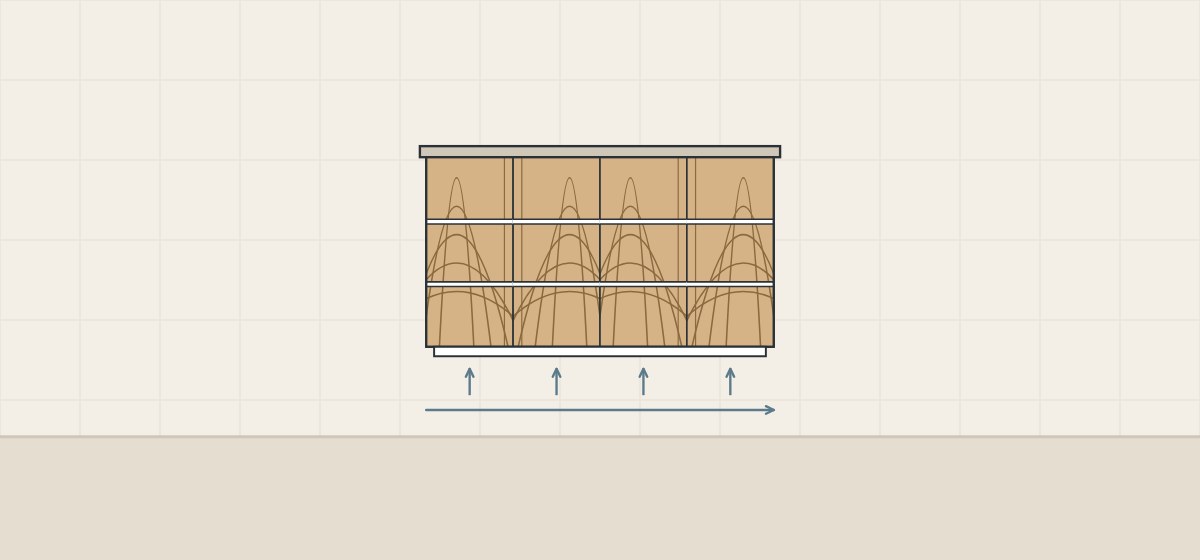 Illustration of a vanity elevation with grain running vertically through each column of drawer fronts and arrows up and across