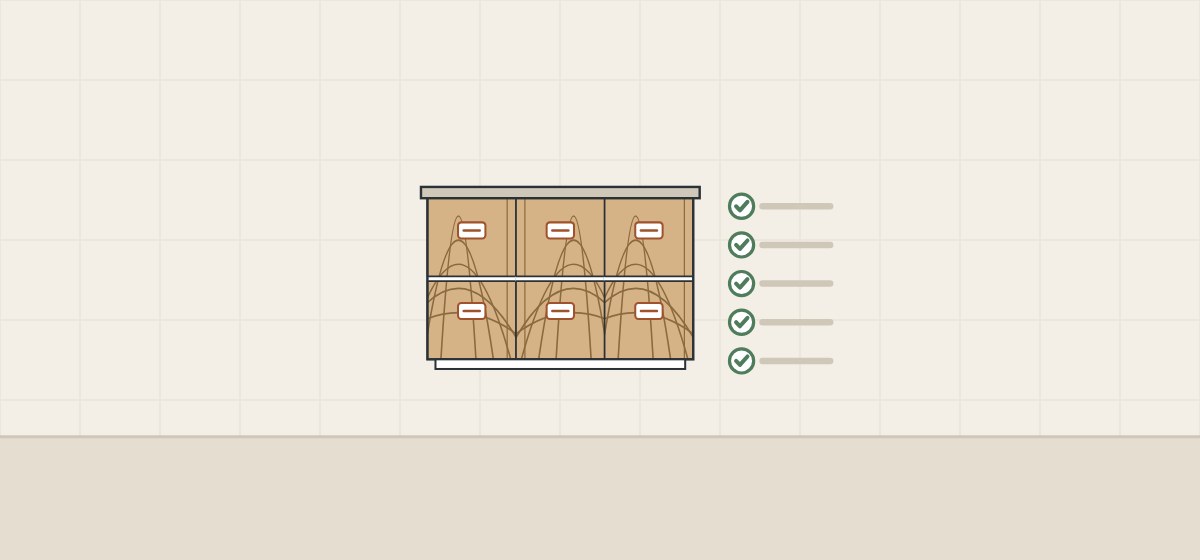 Illustration of a vanity elevation with a tag on each of six drawer fronts beside a ticked checklist