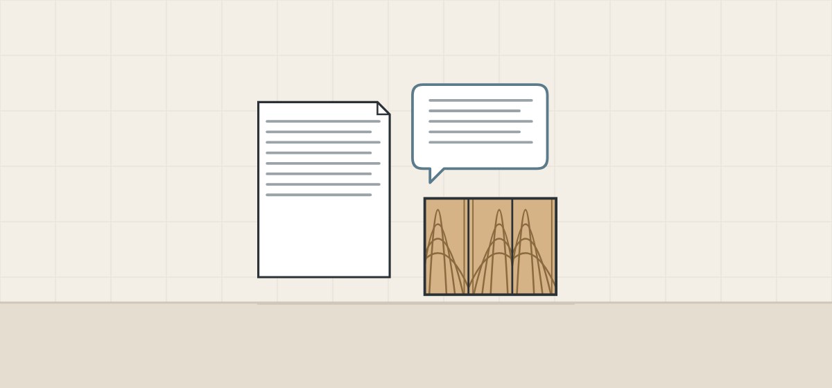 Illustration of a document, a message bubble and a face of three veneer leaves