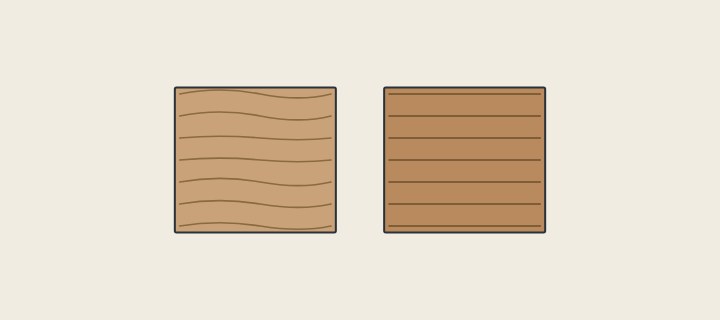 Illustration: two veneer sheets: one with irregular natural grain and one with very regular stripes