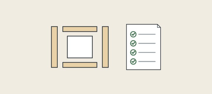 Illustration: cabinet parts laid apart beside a ticked parts list