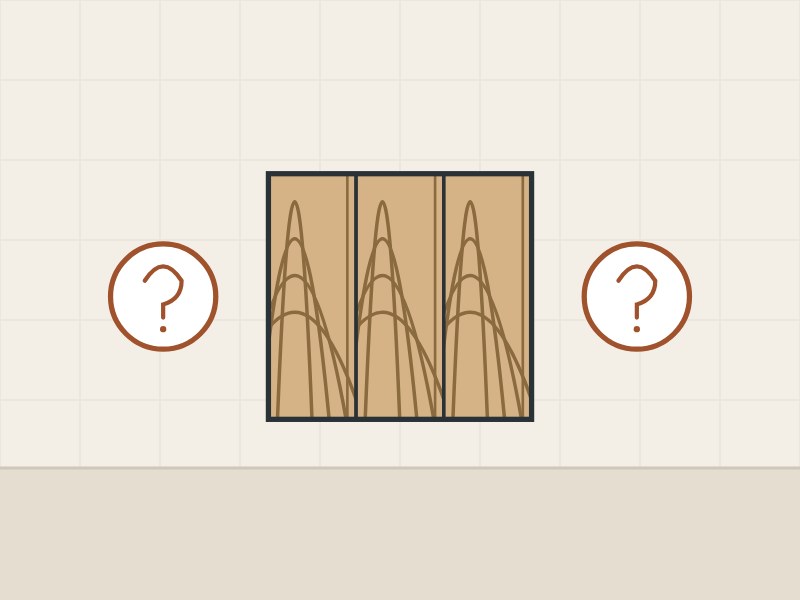 Illustration of a face of three veneer leaves between two question marks