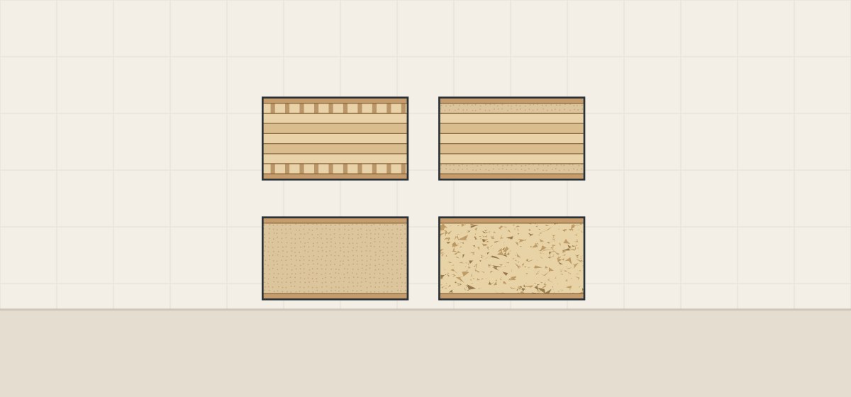 Illustration of four faced panel edges: all veneer plies, veneer plies with fiber crossbands, a fiber core and a particle core