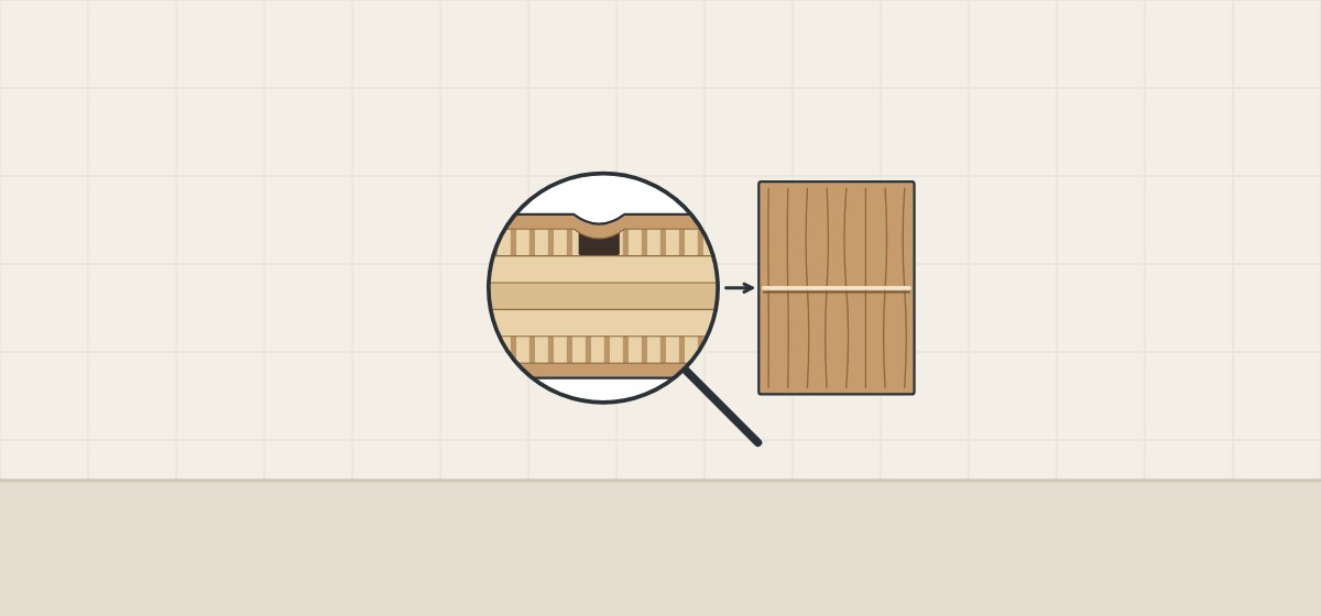 Illustration of a magnifier over an open joint in the crossband of a panel edge, with an arrow to a face showing one line across the grain
