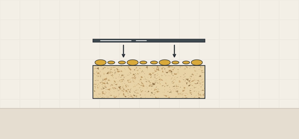 Illustration of a thin laminate sheet above uneven beads of adhesive on a particle core