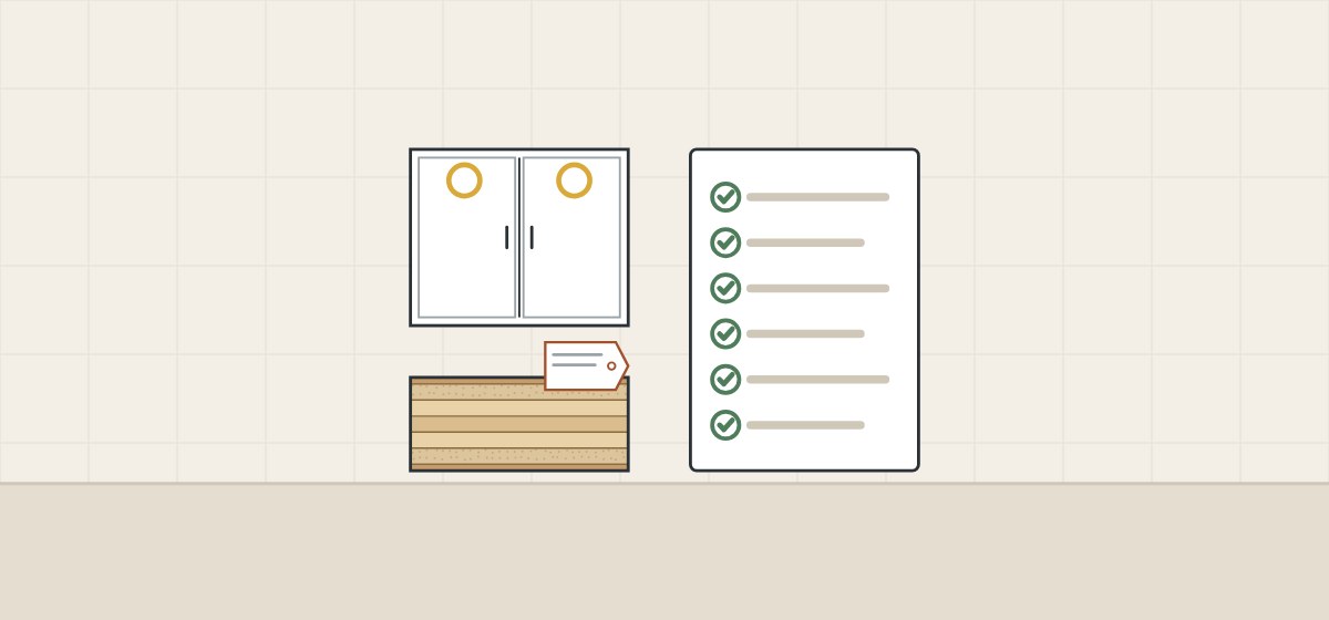 Illustration of a vanity front with a ring marked on each door, a tagged panel offcut and a checklist of six checked lines