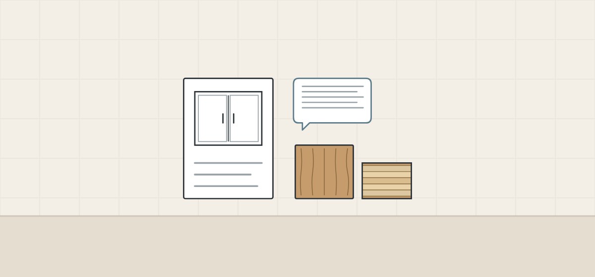 Illustration of a sheet with a vanity elevation, a message bubble, a veneer sample and a panel offcut