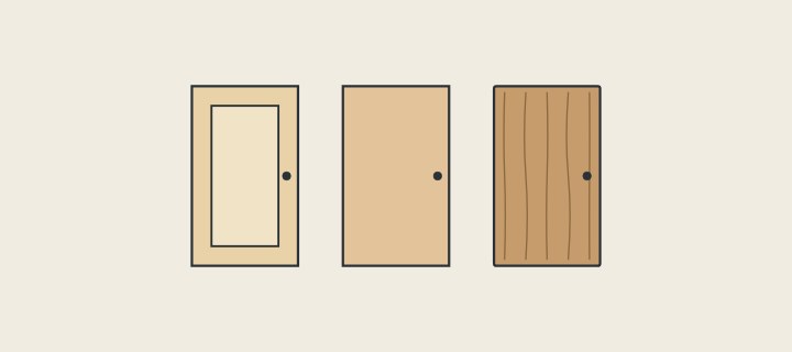 Illustration: three cabinet doors side by side: a framed panel, a plain slab and a door with a veneer grain face