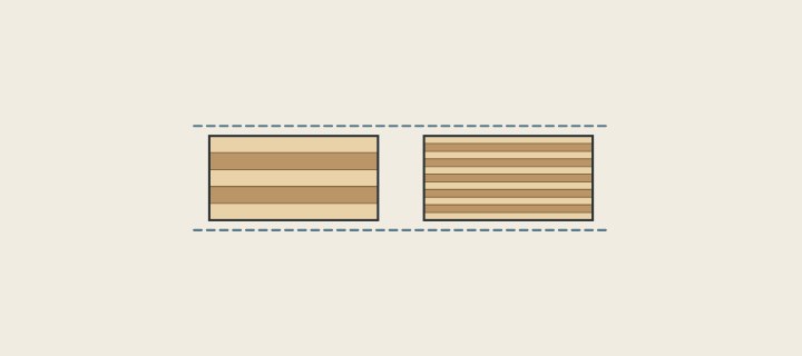 Illustration: two plywood edges of equal thickness, one with few plies and one with many