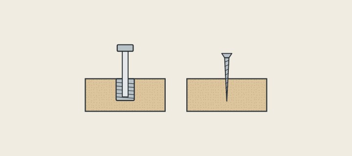 Illustration: a board with a threaded insert and bolt beside a board with a wood screw, both in section