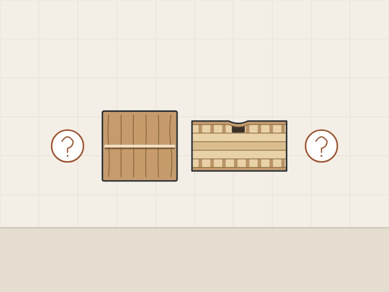 Illustration of a veneered face with one line across it and a panel edge with an open joint, between two question marks