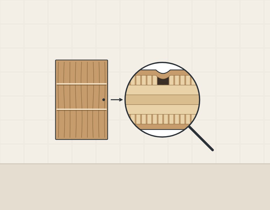 Illustration of a veneered door with two faint lines across its grain and a magnifier showing the layers of the panel edge