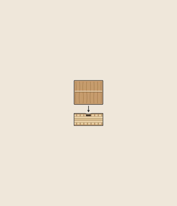 Illustration of a veneered face with one faint line across the grain above a panel edge with an open joint under the face