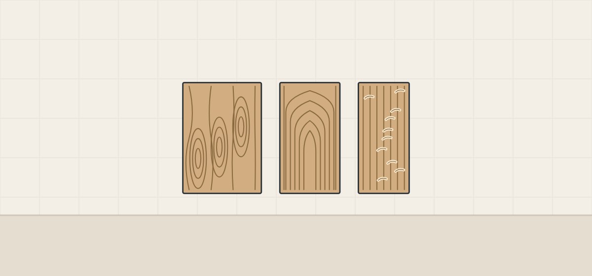 Illustration of rotary, plain-sliced and quarter-sliced veneer leaves side by side with their different grain figures