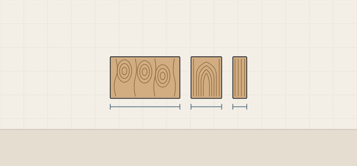 Illustration of a wide rotary sheet, a medium plain-sliced leaf and a narrow quarter-sliced leaf with width brackets