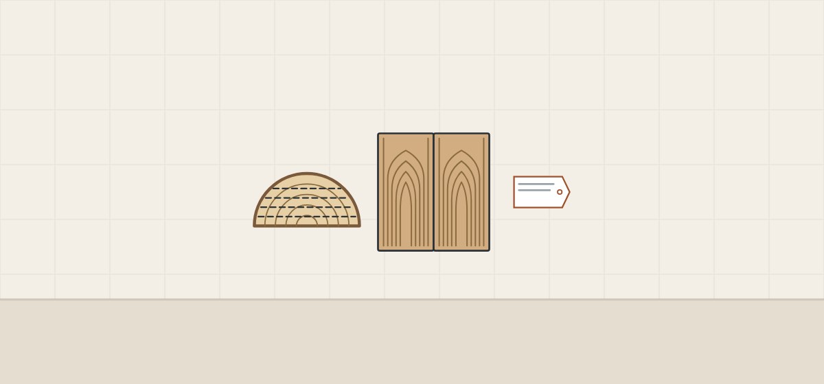 Illustration of a half log with slice lines, a mirrored pair of cathedral-grain leaves and a blank grade tag